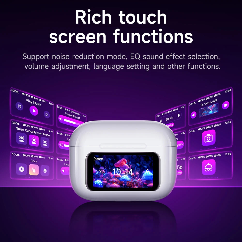 HOCO EW72 Wirelss Bluetooth 5.4 ANC Noise Reduction Earphone With LED Full Touch Smart Screen Charging Box Music Sports Earbuds